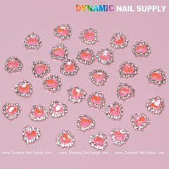 30 pcs 3D  Pink Ruby Heart Rhinestone Charm for Nails Art Design (Pink stones + Silver claws base)
