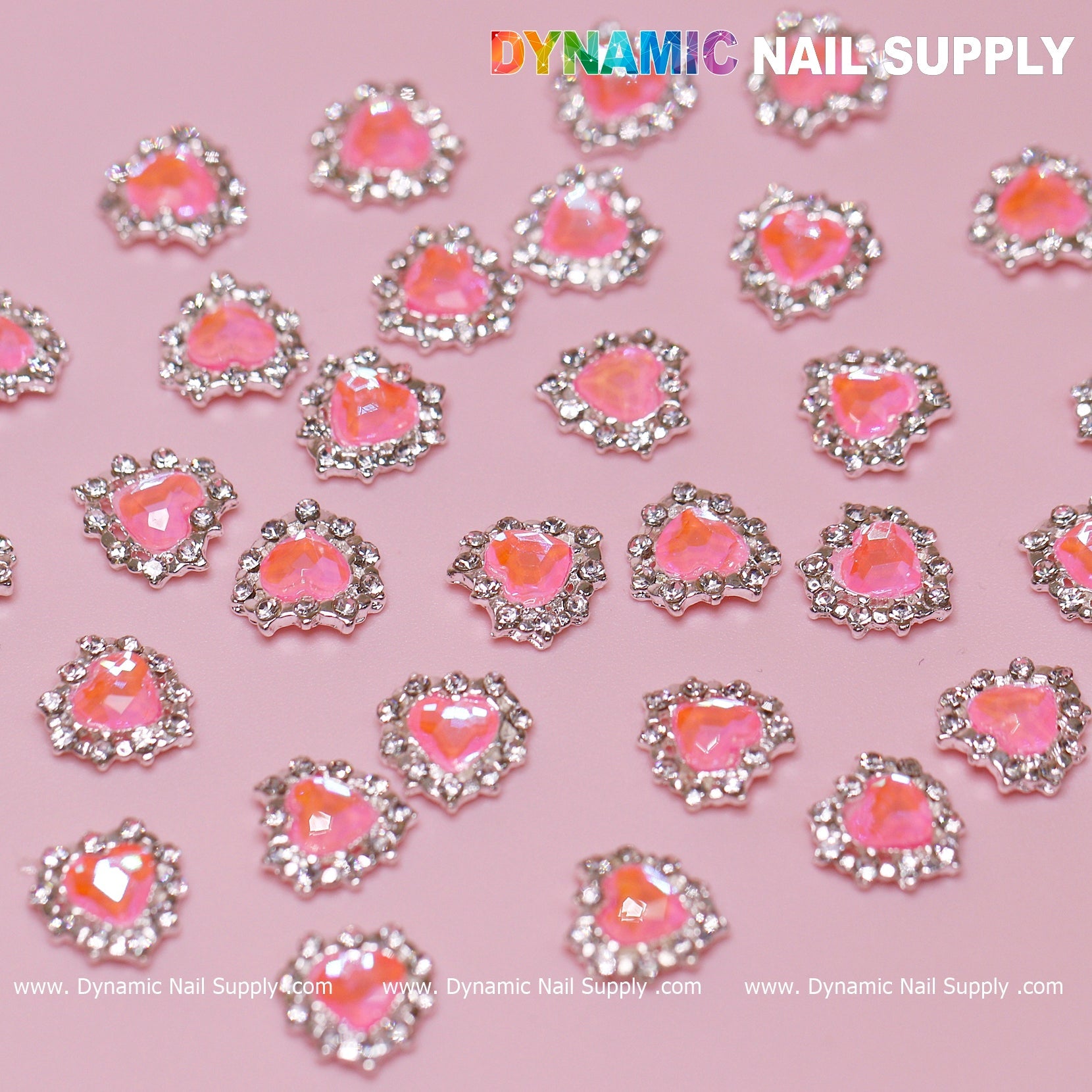 30 pcs 3D  Pink Ruby Heart Rhinestone Charm for Nails Art Design (Pink stones + Silver claws base)