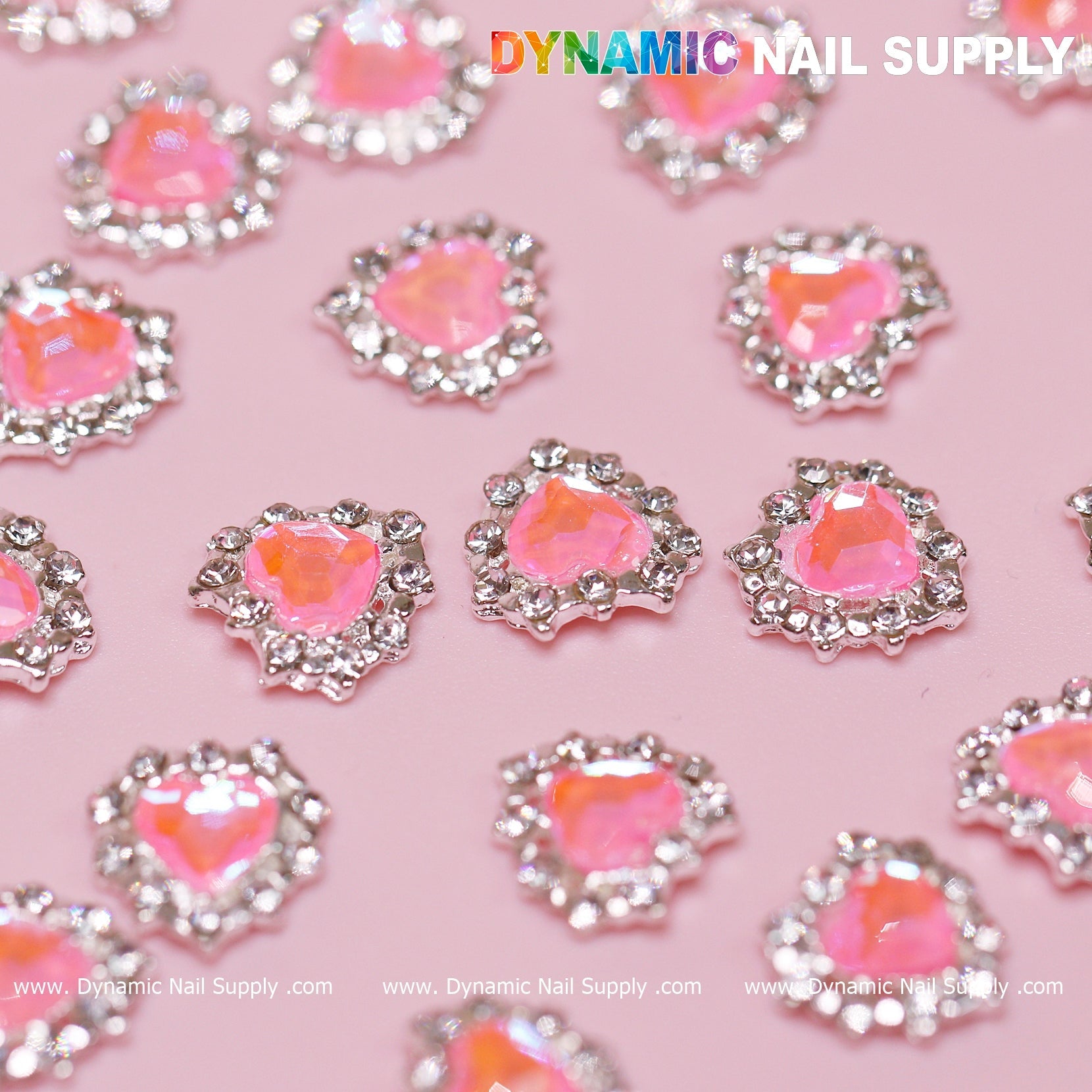30 pcs 3D  Pink Ruby Heart Rhinestone Charm for Nails Art Design (Pink stones + Silver claws base)
