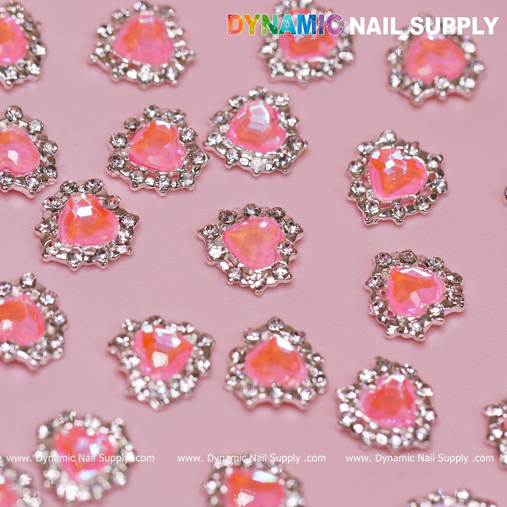 30 pcs 3D  Pink Ruby Heart Rhinestone Charm for Nails Art Design (Pink stones + Silver claws base)