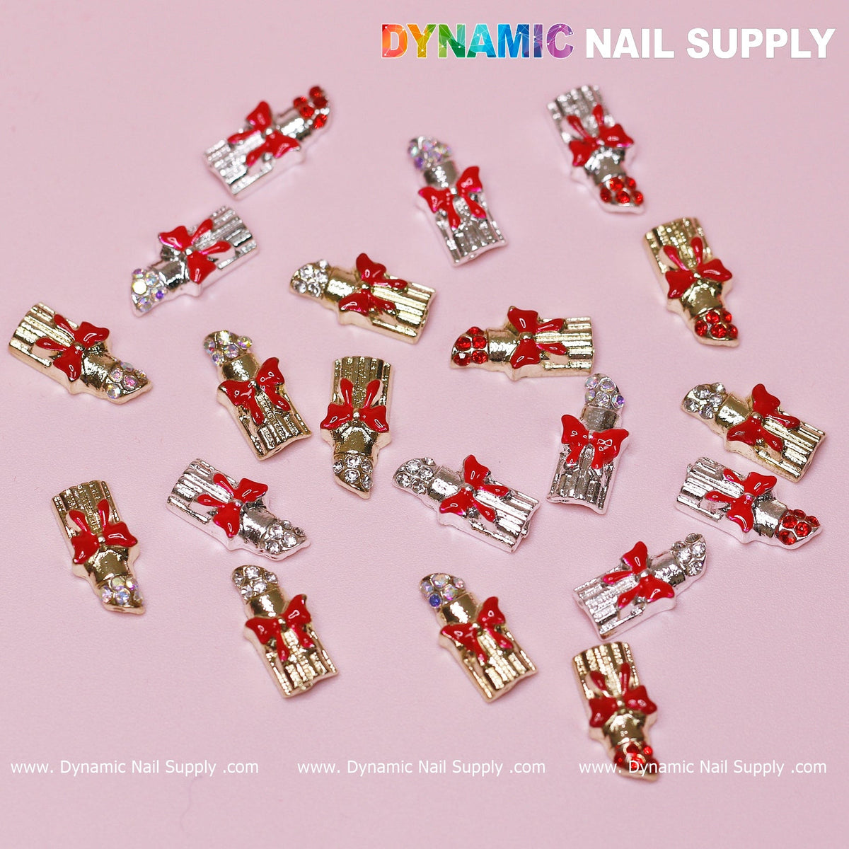20 pcs Lipstick Charms with Red Bows for Valentines Nail Art Design