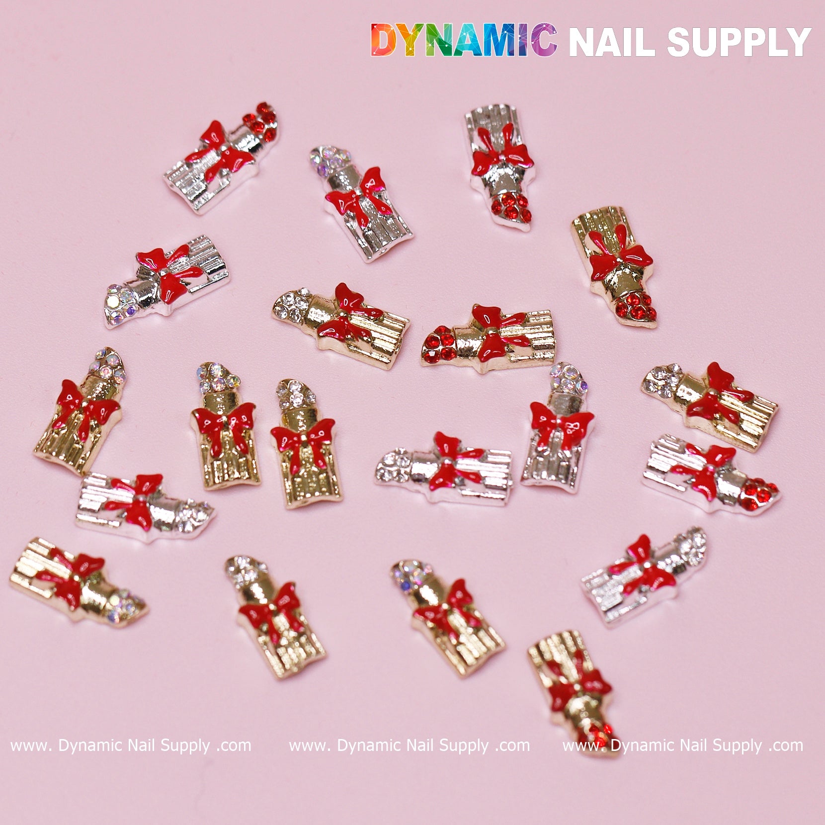 20 pcs Lipstick Charms with Red Bows for Valentines Nail Art Design