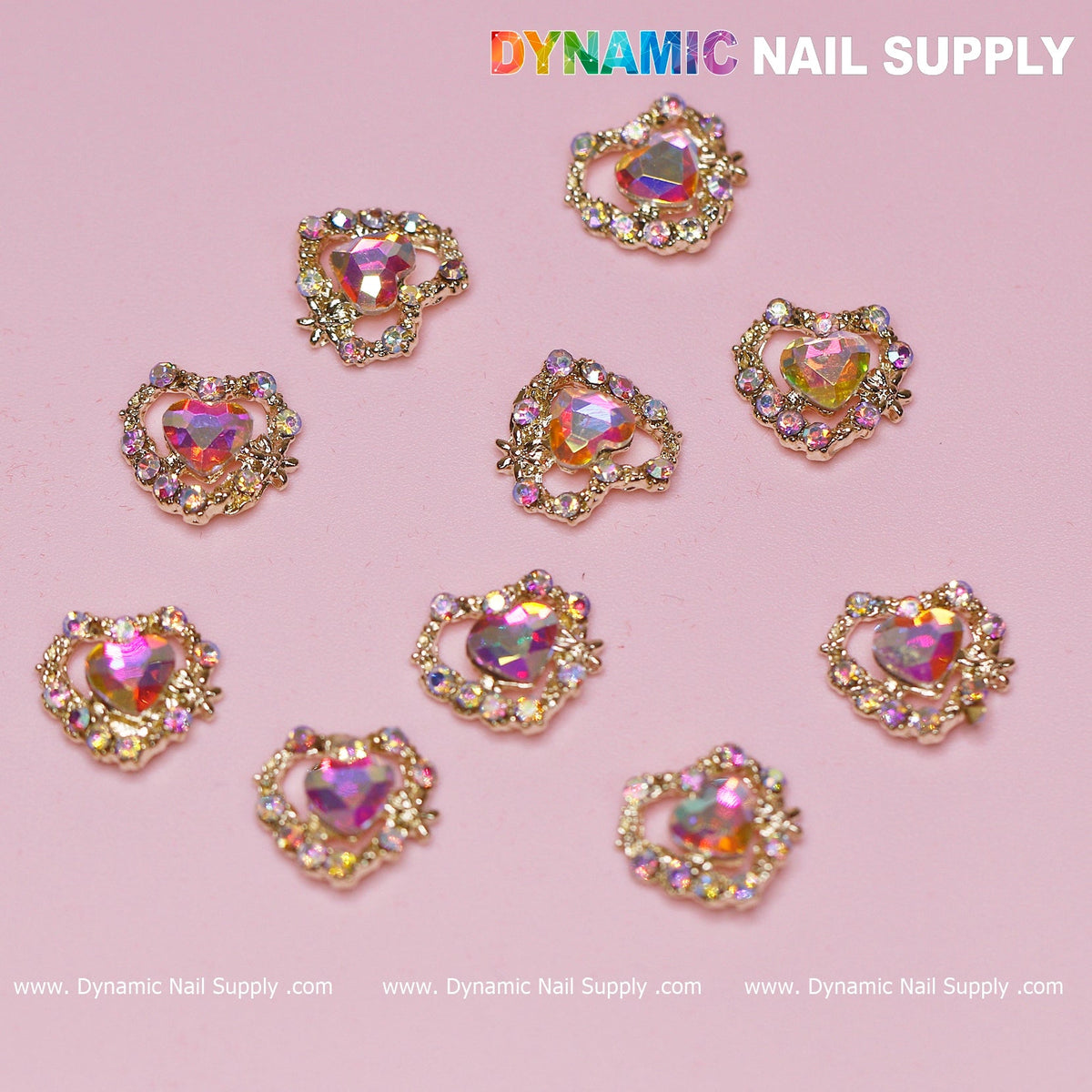 10 pcs 3D AB Crystal Heart Rhinestone Charm for Nails Art Design (AB stones + Golden claws base)