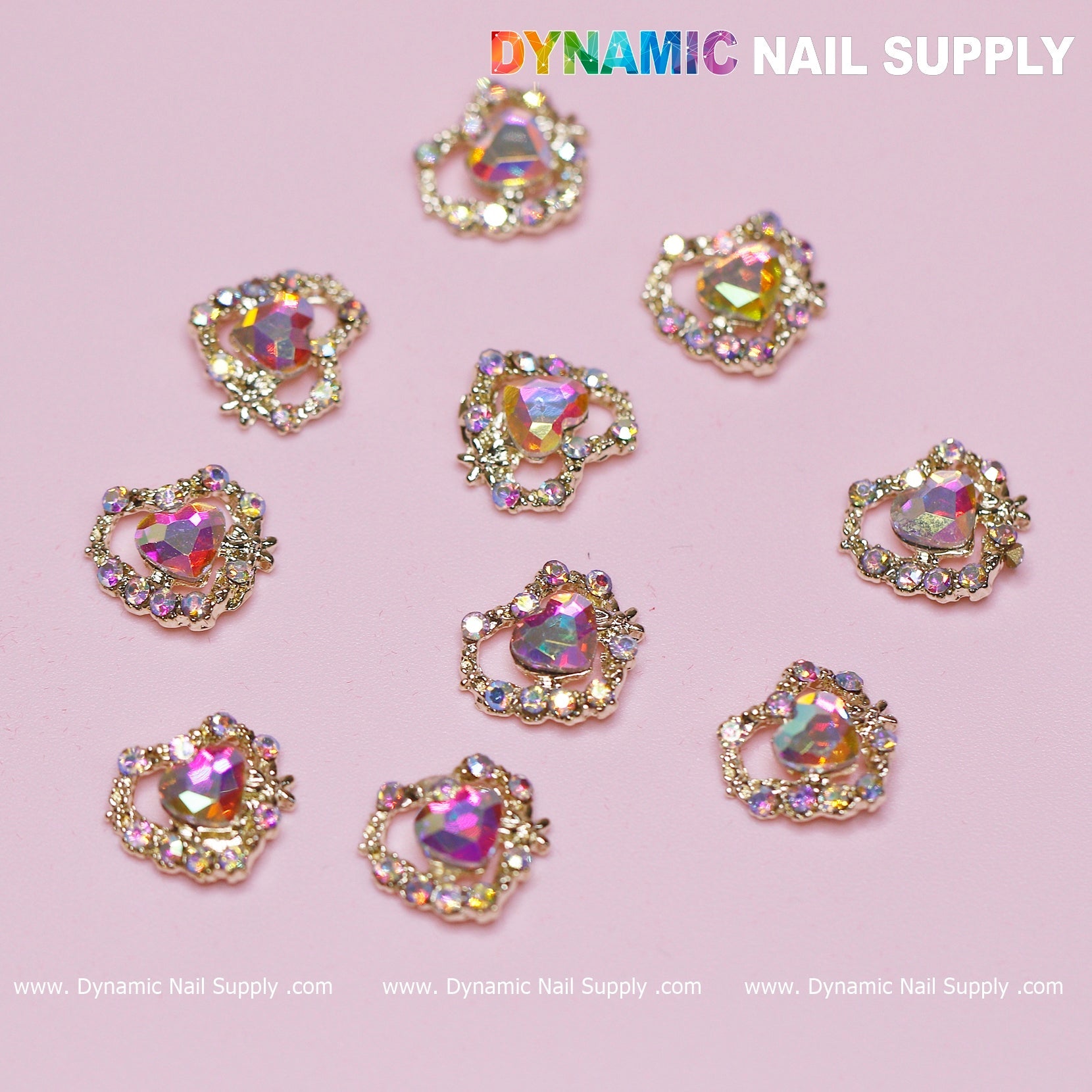 10 pcs 3D AB Crystal Heart Rhinestone Charm for Nails Art Design (AB stones + Golden claws base)