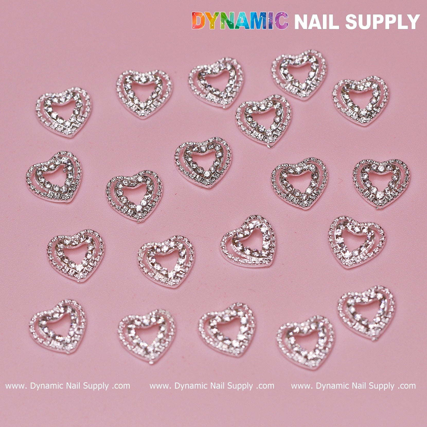 20 pcs 3D Silver Heart Shape Charms for Valentines Nails Art Design