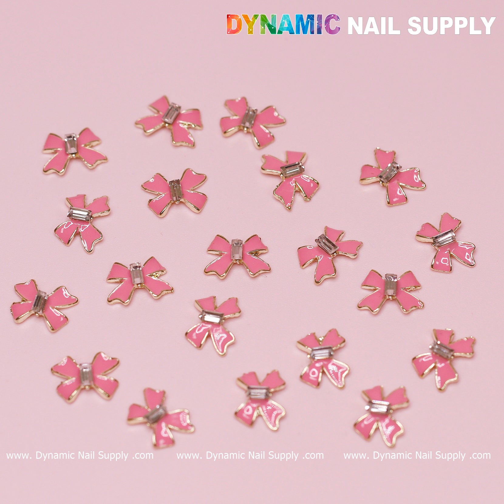 20 pcs Luxury Pink Bow Charms With Golden Contours For Valentines Nail Designs
