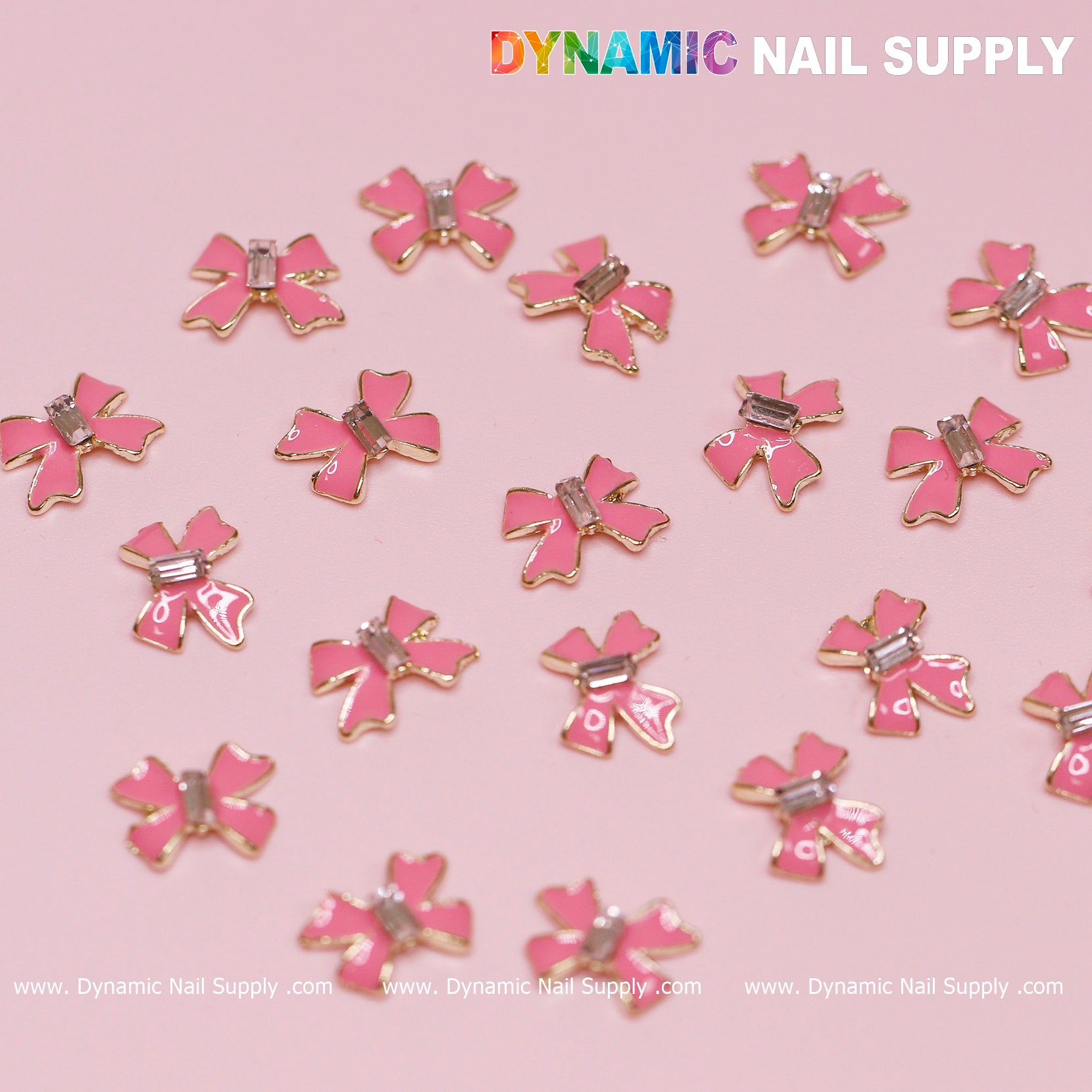 20 pcs Luxury Pink Bow Charms With Golden Contours For Valentines Nail Designs