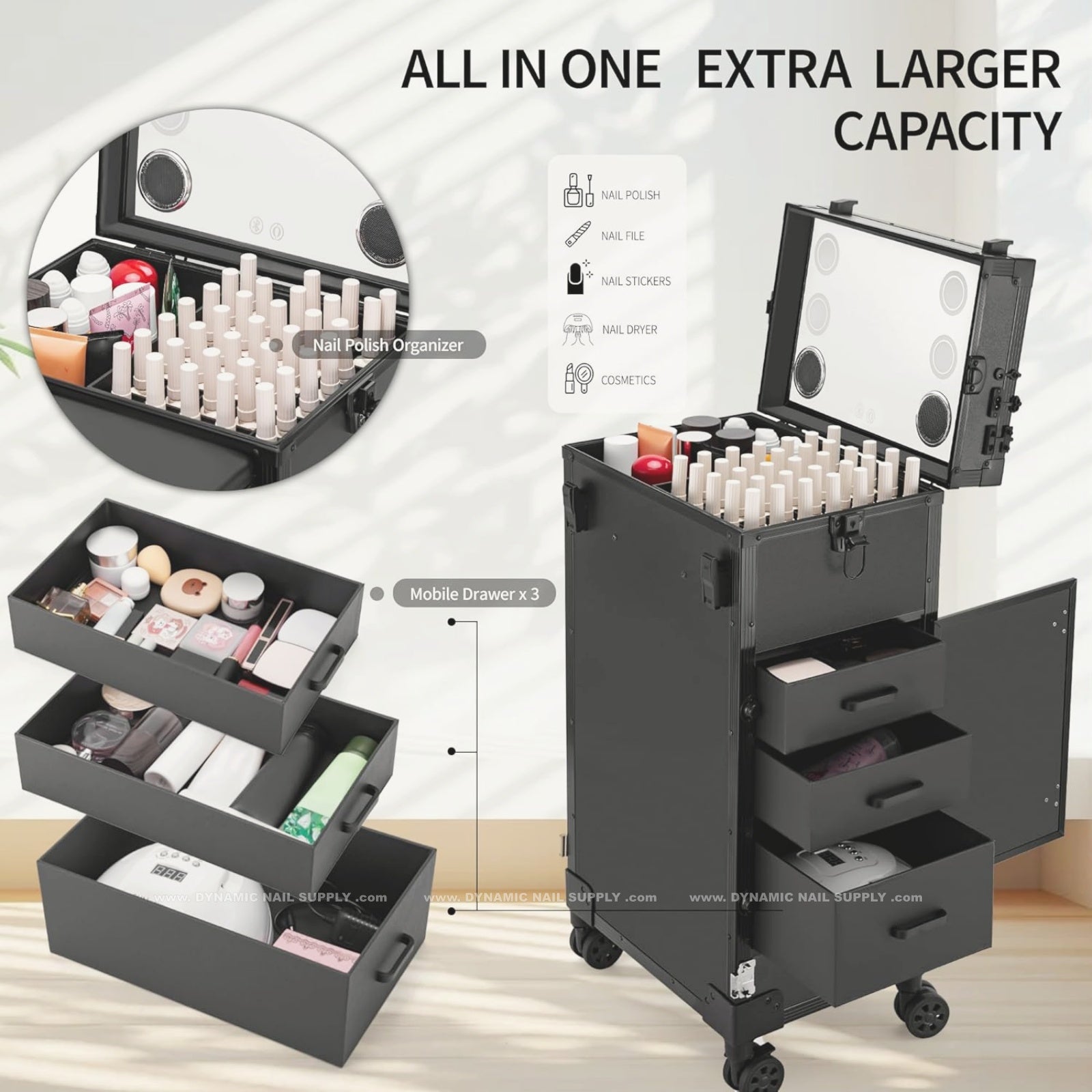(White) Portable & Foldable Rolling Manicure Nail Table - Travel Makeup Desk & Train Case