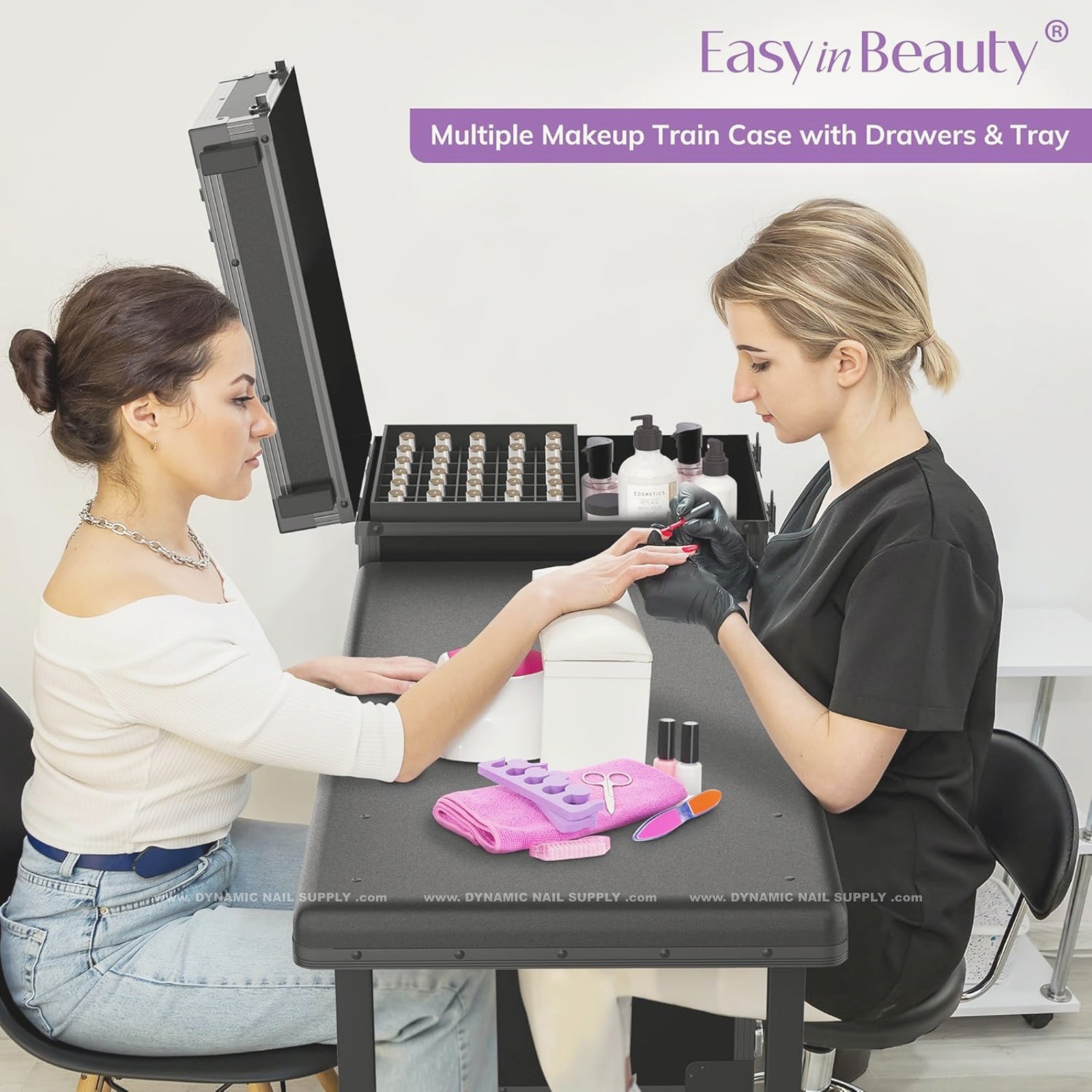 (White) Portable & Foldable Rolling Manicure Nail Table - Travel Makeup Desk & Train Case