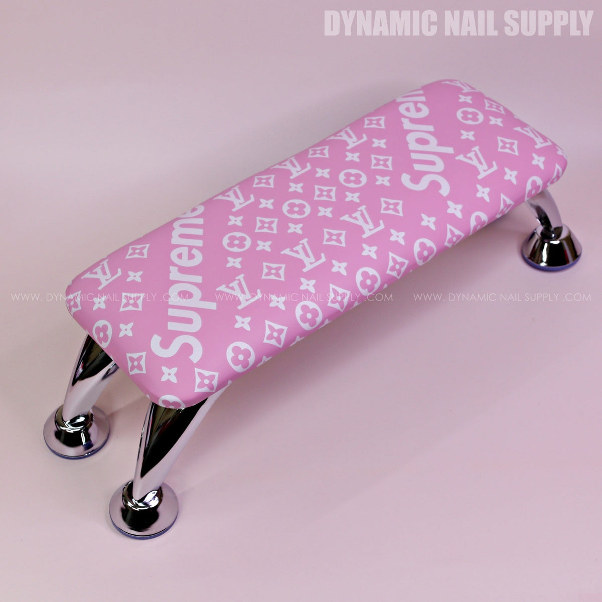 (RA054 - White Spreme/LV Pattern - Pink Base) Handrest for Nail Table Manicure Services  (Reposabrazos Para Manicura)