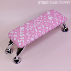 (RA054 - White Spreme/LV Pattern - Pink Base) Handrest for Nail Table Manicure Services  (Reposabrazos Para Manicura)