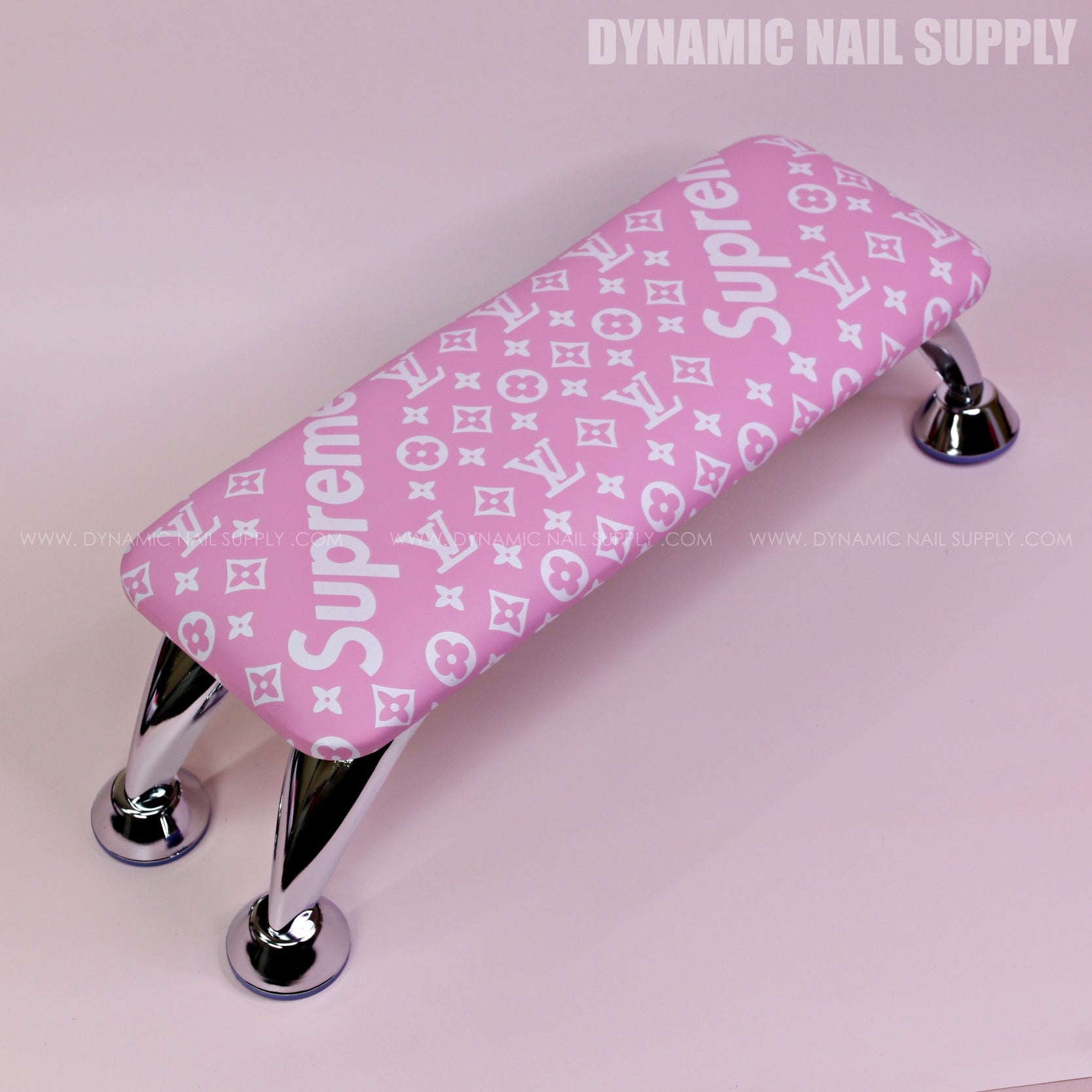 (RA054 - White Spreme/LV Pattern - Pink Base) Handrest for Nail Table Manicure Services  (Reposabrazos Para Manicura)
