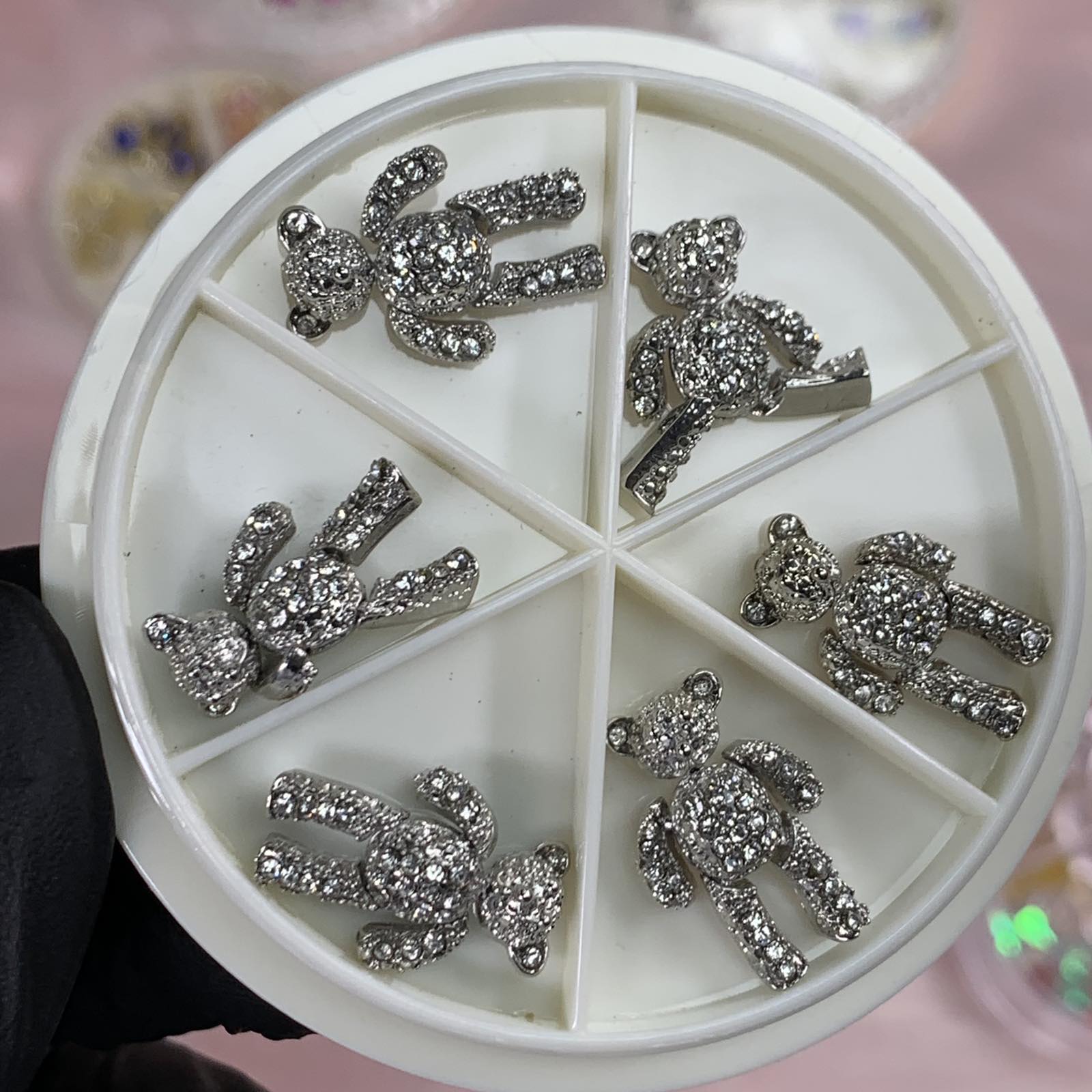 6 pcs Movable Silver Teddy Bear Charms with Rhinestones for Nails Art Designer