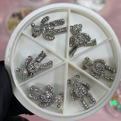 6 pcs Movable Silver Teddy Bear Charms with Rhinestones for Nails Art Designer