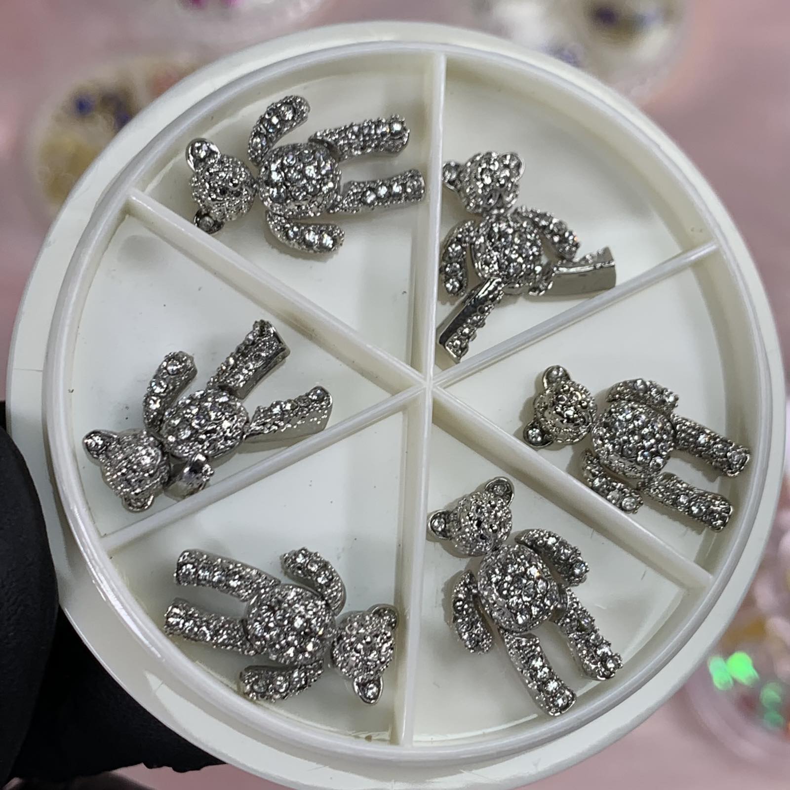 6 pcs Movable Silver Teddy Bear Charms with Rhinestones for Nails Art Designer