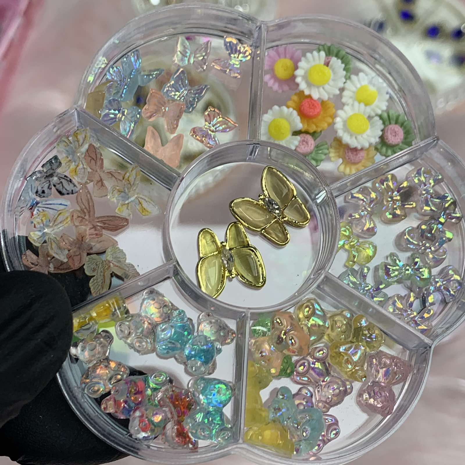60 pcs Resin Butterfly & Teddy Bear & Bow & Flower Charms with Rhinestones for Nails Art Designer