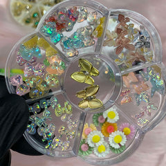 60 pcs Resin Butterfly & Teddy Bear & Bow & Flower Charms with Rhinestones for Nails Art Designer