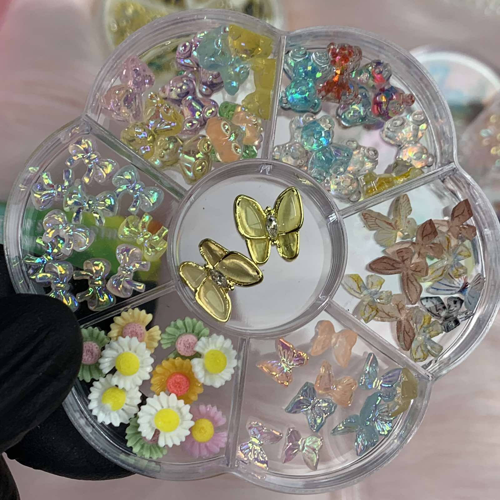 60 pcs Resin Butterfly & Teddy Bear & Bow & Flower Charms with Rhinestones for Nails Art Designer