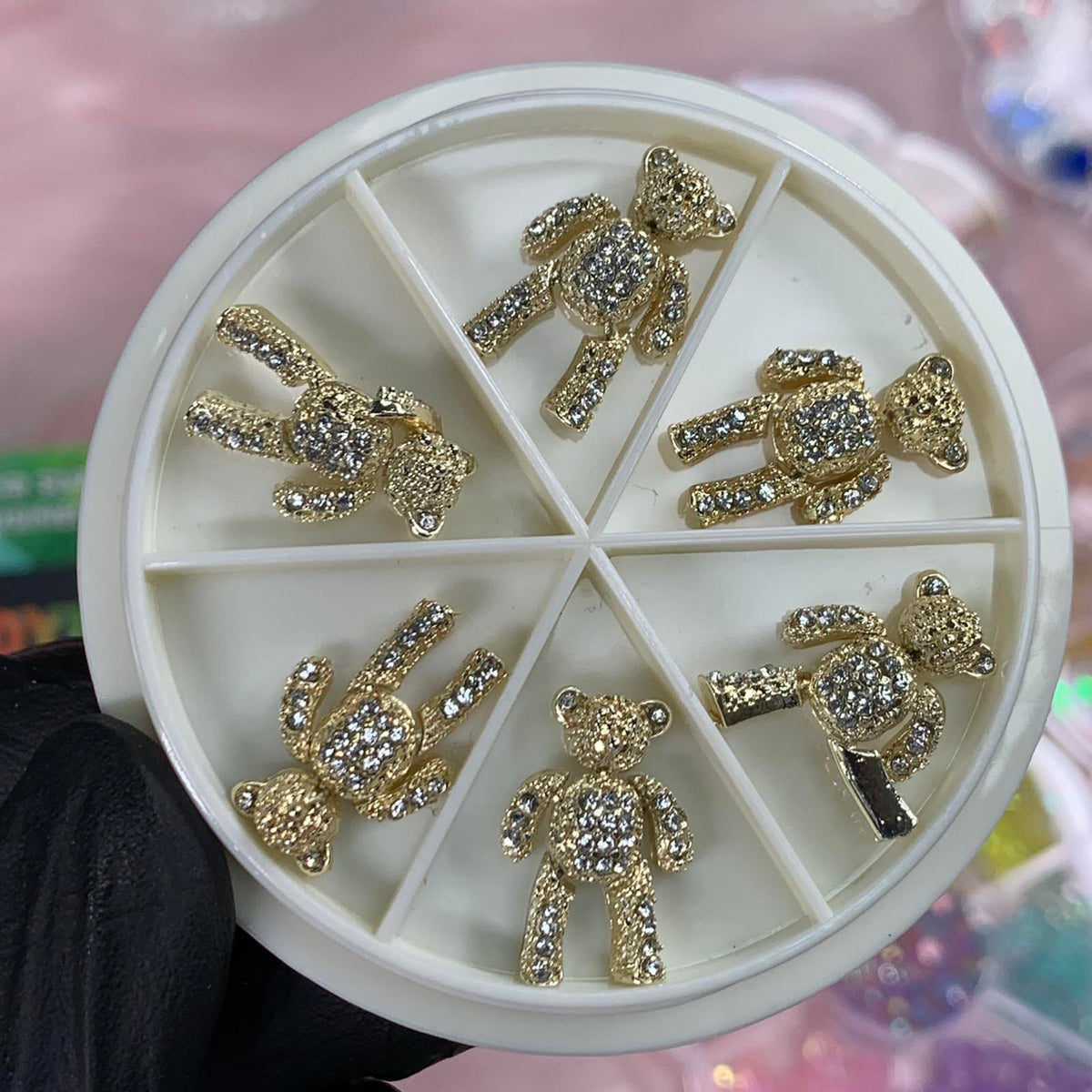 6 pcs Movable Gold Teddy Bear Charms with Rhinestones for Nails Art Designer