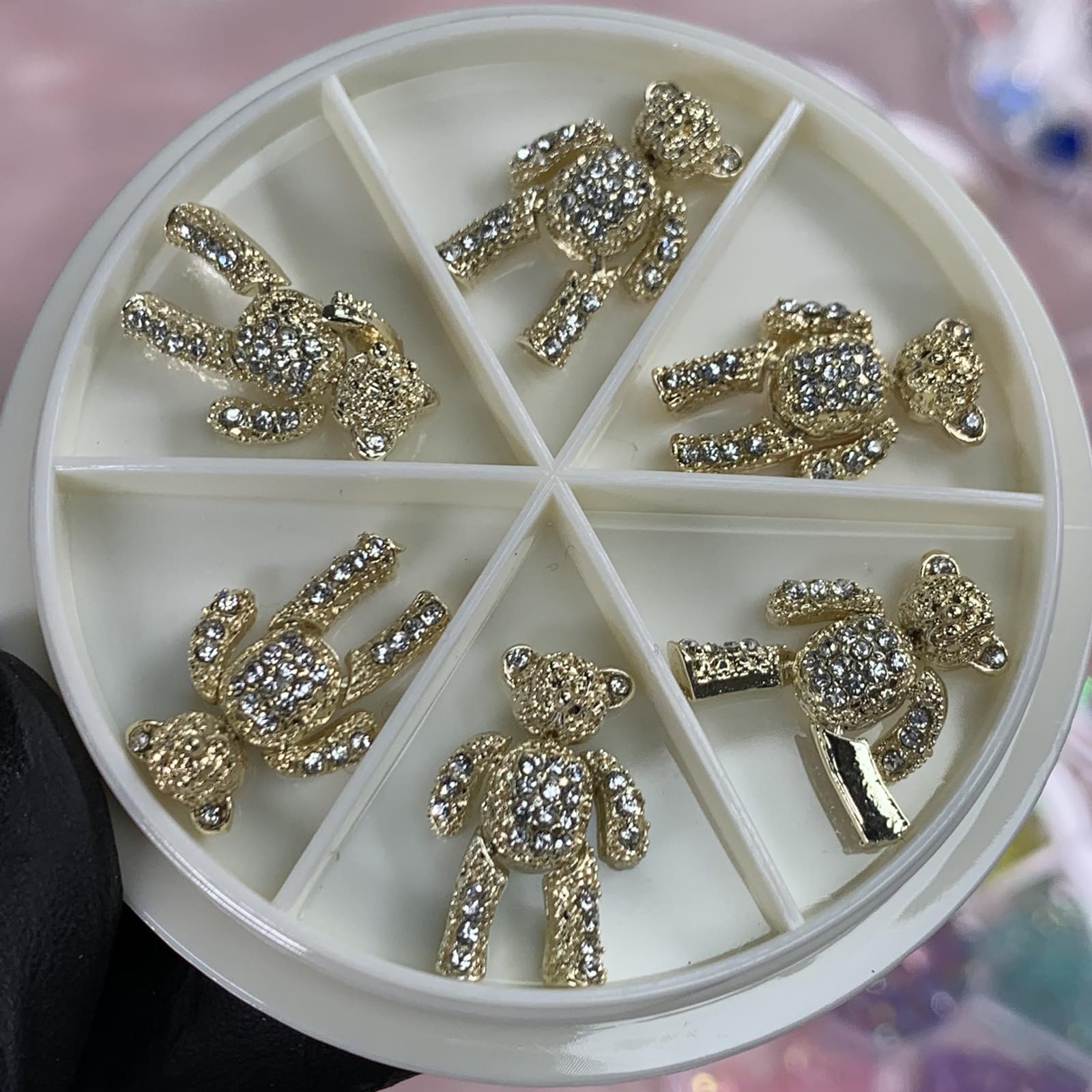 6 pcs Movable Gold Teddy Bear Charms with Rhinestones for Nails Art Designer