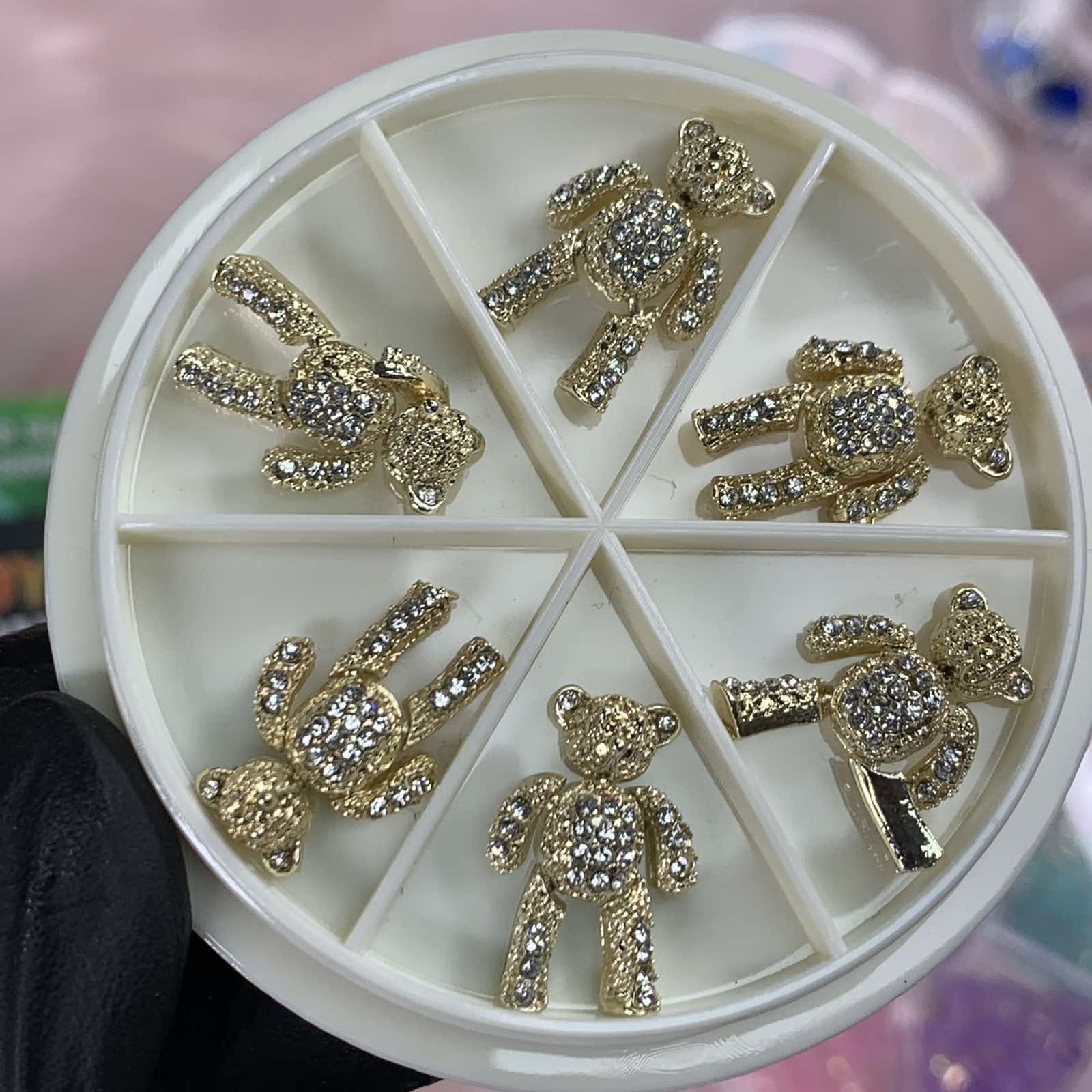 6 pcs Movable Gold Teddy Bear Charms with Rhinestones for Nails Art Designer